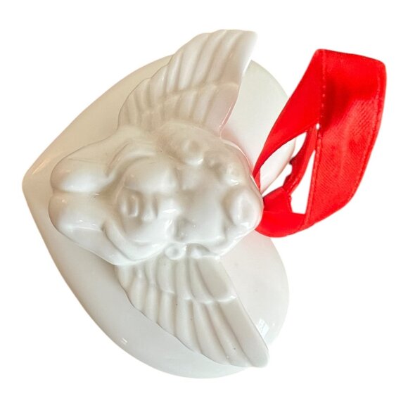 Vtg Fine Bone China Cherub Angel on Heart Ornament with Red Satin Ribbon 3"X3" - Picture 6 of 7